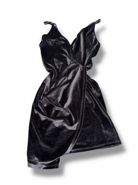 2Love V-Neck Velvet Faux Wrap Mini Dress in Charcoal Grey Black